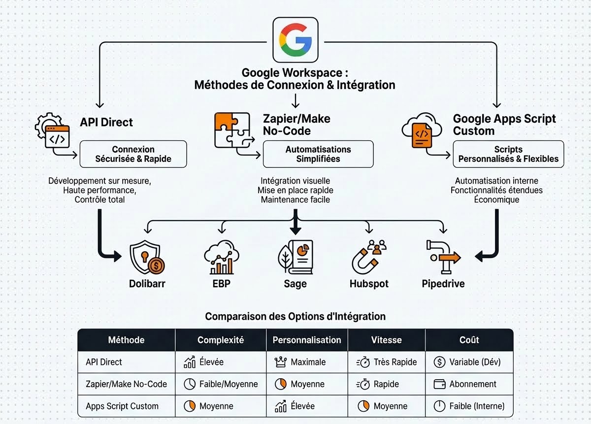 Synchronisation Google Workspace avec CRM et ERP - connexion via API, Zapier et Google Apps Script